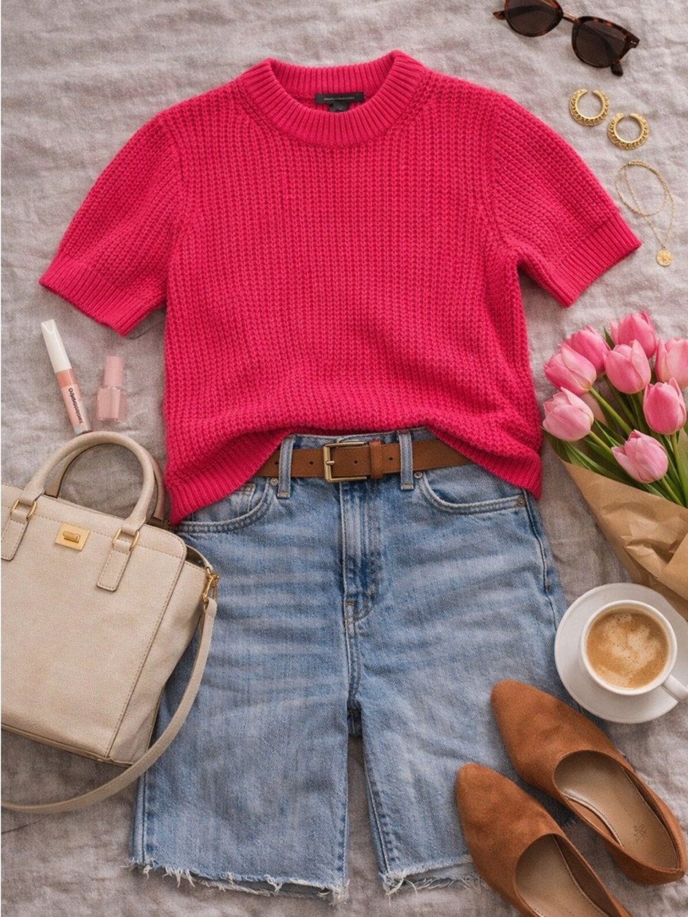 French Connection Short-Sleeve Crewneck Sweater - Hot Pink